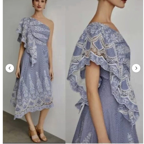 BCBGMAXAZRIA  One Shoulder Embroidered Stripe Dress Blue Combo Size 8 NWT - Picture 1 of 9